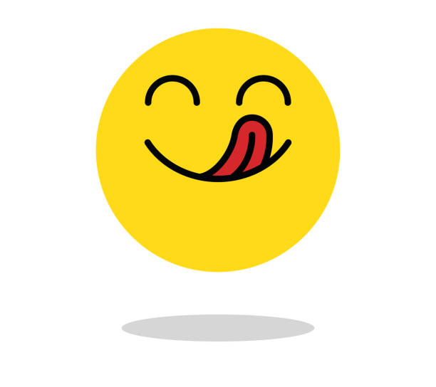 Yummy icon. Hungry smiling face with mouth and tongue. Delicious, tasty mood vector cartoon symbol Yummy icon. Hungry smiling face with mouth and tongue emoji. Delicious, healthy funny lunch tasty mood smile avatar happy yellow character cute vector isolated cartoon symbol ready to eat stock illustrations