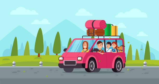 ilustraciones, imágenes clip art, dibujos animados e iconos de stock de viaje familiar en coche de la historieta. feliz padre, madre y los niños en coche en vacaciones con equipaje. ilustración de vector de viaje - family in car