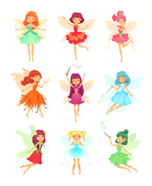 Cartoon fairies characters. Fairy creatures with wings and magic wands. Fabulous flying elf dress girls with flower skirt vector set Cartoon fairies characters. Fairy creatures with wings and magic wands little tales pixie. Fabulous fairytale flying elf dress girls with flower skirt and hair green colorful vector isolated icon set fairy illustrations stock illustrations