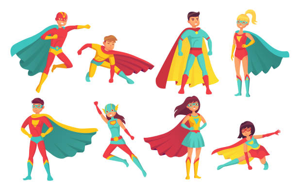 illustrazioni stock, clip art, cartoni animati e icone di tendenza di personaggi dei supereroi dei cartoni animati. supereroi volanti femminili e maschili con superpoteri. superman coraggioso e superwoman set vettoriale isolato - supereroe