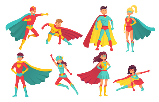 Cartoon superhero characters. Female and male flying superheroes pose with superpowers in mantle cape. Brave human power muscular handsome superman and superwoman comic hero isolated vector icon set