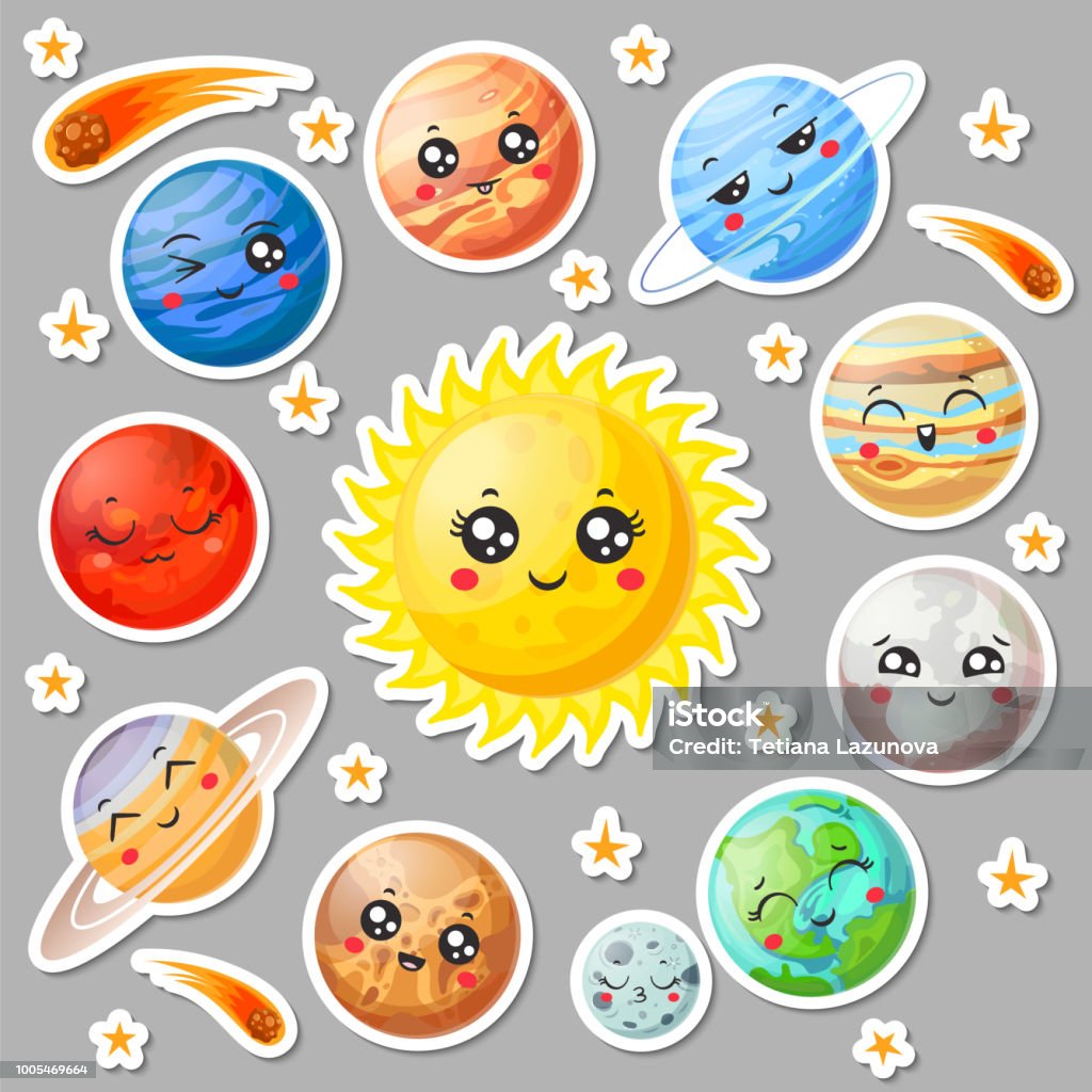 Ilustración de Dibujos Animados Lindo Planetas Pegatinas Cara De Planeta  Feliz Sonriendo La Tierra Y El Sol Colección De Vector De Astronomía  Sistema Solar Etiqueta Engomada y más Vectores Libres de Derechos