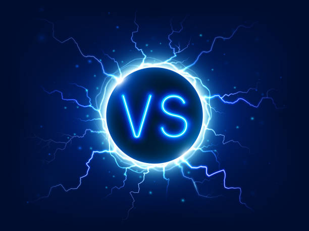 Neon versus sign. VS competition symbol with lightning, electrical discharges. Duel, fight and battle icon vector concept Neon versus sign. VS competition symbol with lightning, electrical discharges for fighting confrontation mma matches show logo. Duel, fight and battle blue sphere banner icon vector concept wrestling logo stock illustrations