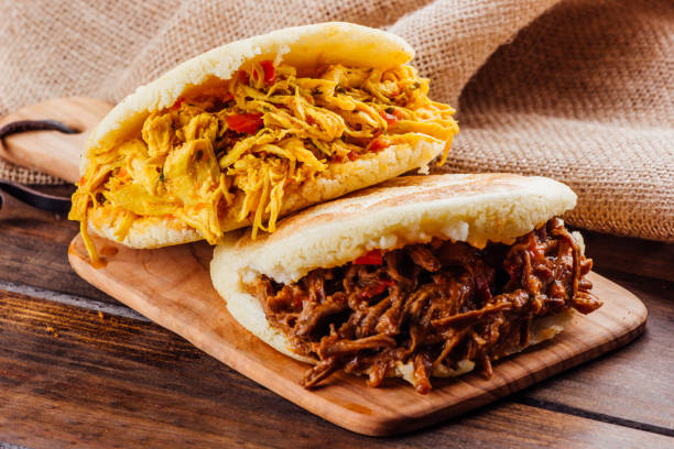 istock Typical South American breakfast, arepa with chicken and roasted meat 1005473948