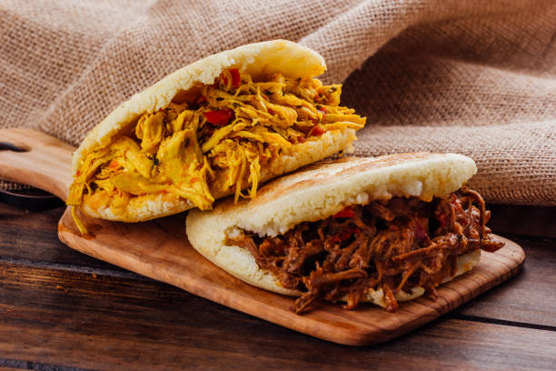istock Typical South American breakfast, arepa with chicken and roasted meat 1005476322