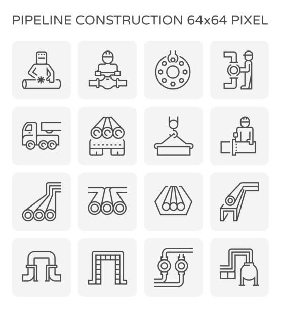 pipeline construction icon Pipeline construction industry and worker  icon set, 64x64 perfect pixel and editable stroke oil pipe stock illustrations