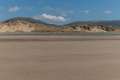 looking inland at the Sand dunes of morfa dyffryn North West coast of Wales with distant hills