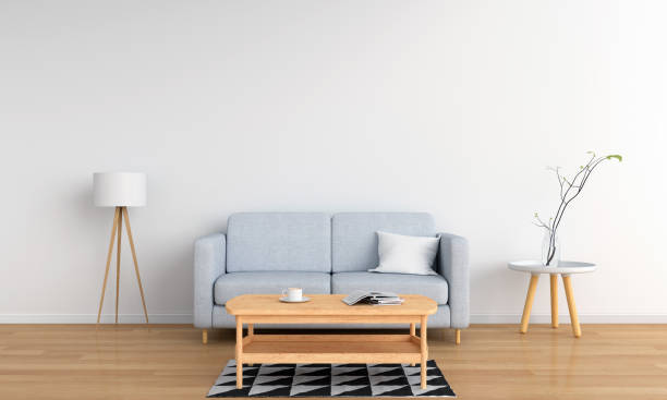 istock grey sofa and lamp in white living room, 3D rendering 1005495336