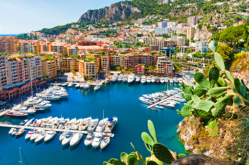 View of Marina with docked boats in Monaco City, Monaco