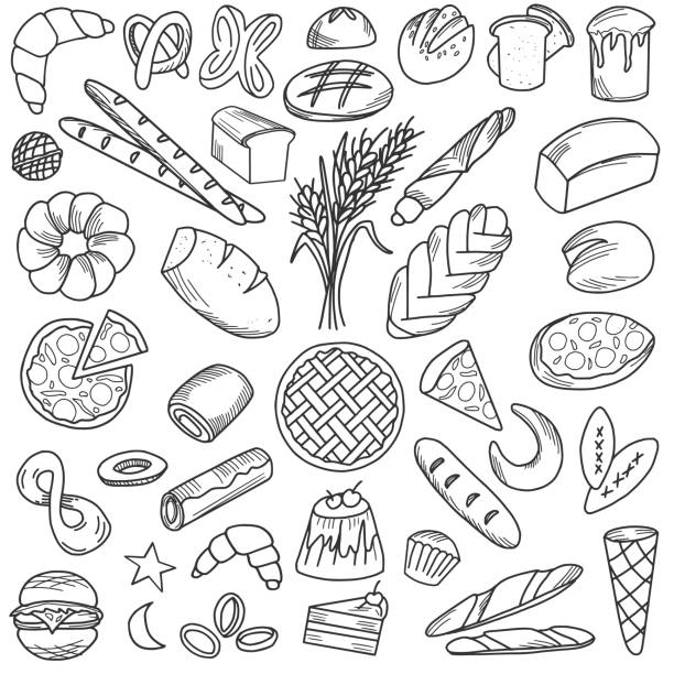 Bread Food Doodles Vector Bread Food. Bread and flour products doodles. bun bread illustrations stock illustrations