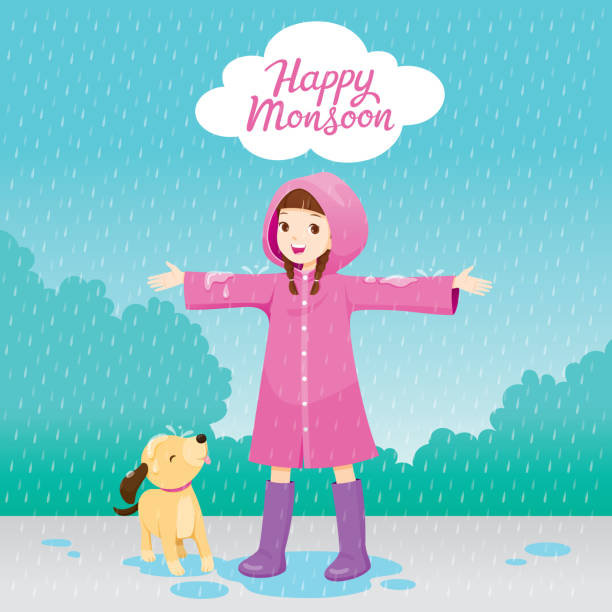 ピンクのレインコート犬を連れて雨の中で楽しくストレッチ腕の中で少女 - rain drenched one person standing点のイラスト素材／クリップアート素材／マンガ素材／アイコン素材