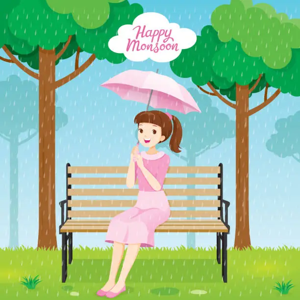 Vector illustration of Happy Young Woman Under Umbrella Sitting On Bench In Park