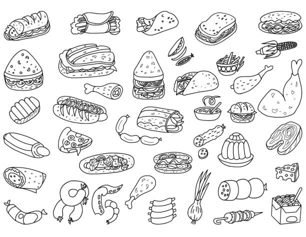 fast food und kritzeleien - kartoffelknödel essen stock-grafiken, -clipart, -cartoons und -symbole