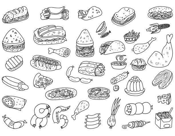 Fast Food Doodles Vector food doodles. Fast food illustration set. meat drawings stock illustrations
