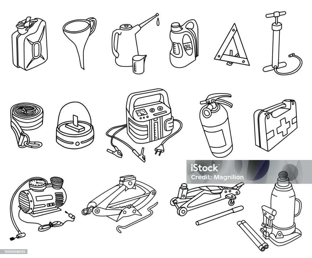 Car Equipment Doodles Vector automotive equipment doodles. Drawing - Activity stock vector