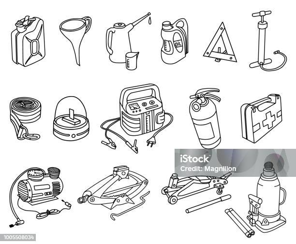 Car Equipment Doodles Stock Illustration - Download Image Now - Drawing - Activity, Car, Motor Oil