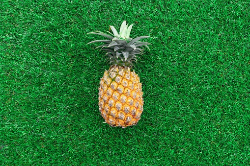 Summer Concept , Flat lay tropical fruit pineapple on grass background include copyspace for add text or graphic