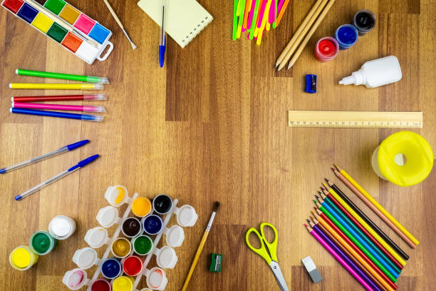 istock School supplies on a brown background 1005513914
