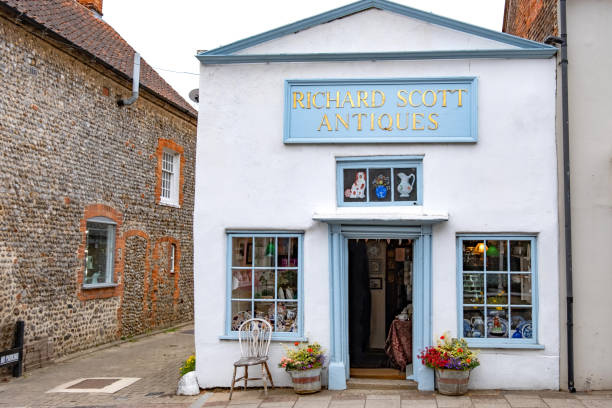 Traditional shopfront in English village with Union Jack bunting
