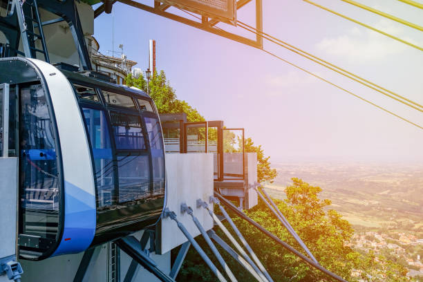 istock Funicular at a stop against a blue sky in the summer. Glare. 1005520416