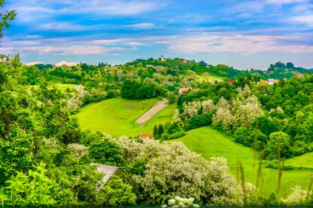 Aerial view at picturesque scenery in Zagorje region, amazing countryside landscape in Northern Croatia.