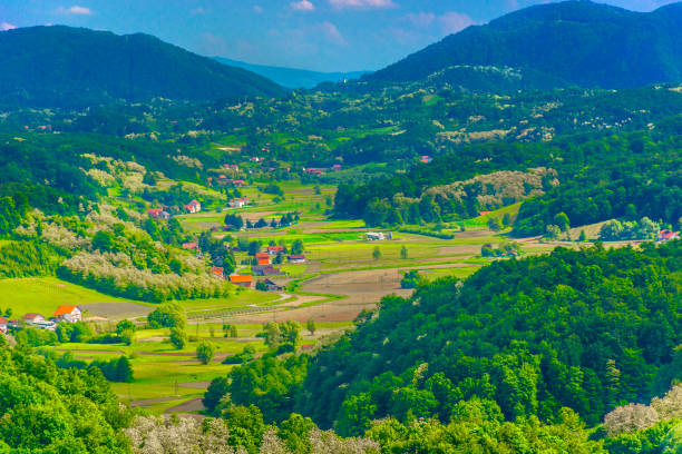Aerial view at small picturesque village Desinic in Zagorje, croatian travel places.