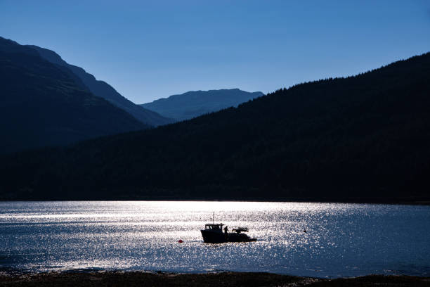 fishing boat on loch long at sunset. arrochar village, argyll and bute, scotland, uk. - long imagens e fotografias de stock