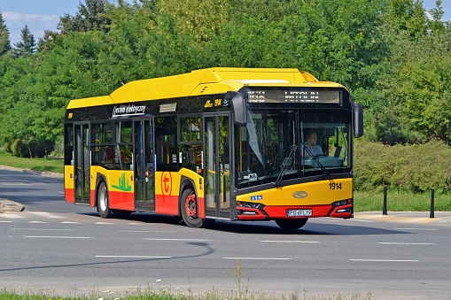 Warsaw, Poland - 22 July 2018: Low-floor zero-emission Solaris Urbino Electric 12 on the street. This model has been named best Bus of the Year 2017 in Europe.