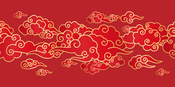 Seamless border with Chinese clouds Seamless border with Golden Chinese clouds different shapes on a red background. Template for oriental art decoration. korean culture stock illustrations