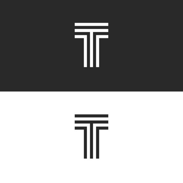 illustrations, cliparts, dessins animés et icônes de monogramme de lettre plus simple logo t, élément de design typographie lettre majuscule initiale linéaire style minimal, marque créatrice de lignes parallèles noires et blanches - letter t