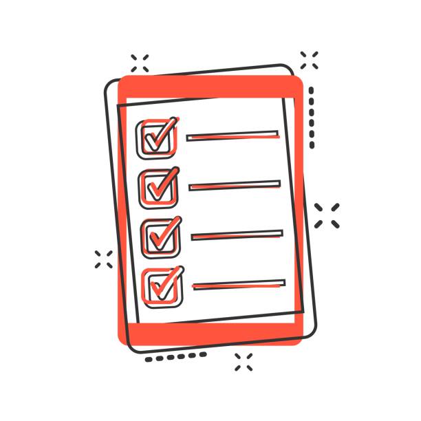 Vector cartoon checklist with tablet icon in comic style. Checklist, task list sign illustration pictogram. To do list business splash effect concept. Vector cartoon checklist with tablet icon in comic style. Checklist, task list sign illustration pictogram. To do list business splash effect concept. splash screen stock illustrations