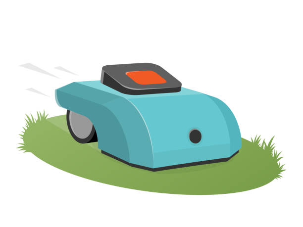 automatic lawnmower mowing the lawn vector art illustration