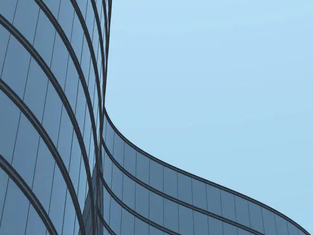 Photo of 3D stimulate of high rise curve glass building and dark steel window system on blue clear sky background,Business concept of future architecture,lookup to the angle of the corner building.