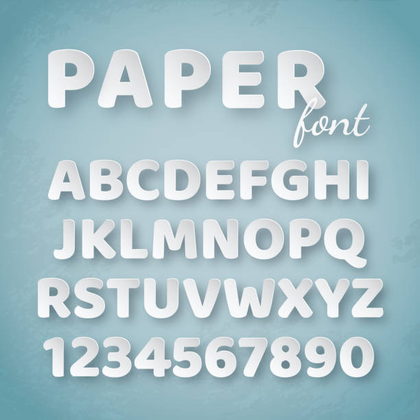 papierowy alfabet. białe litery i cyfry na niebieskim tle - alphabet description number isolated stock illustrations