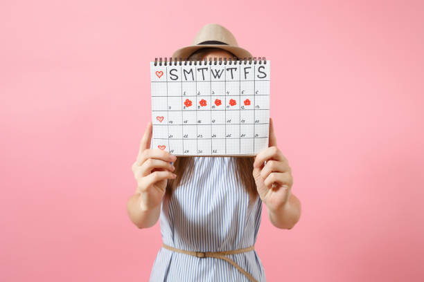 青いドレスの女性の肖像画は、トレンドのピンクの背景に分離された月経日をチェックするための期間のカレンダーの後ろに隠れて顔をカバーします。医療、医療、婦人科のコンセプトです� - 様式 ストックフォトと画像