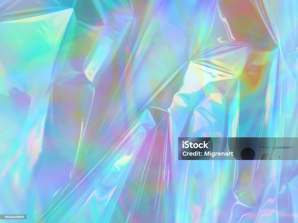 Holographic iridescent surface of wrinkled foil Holographic iridescent surface wrinkled foil pastel. Vivid Hologram Background of wrinkled abstract foil texture with multiple colors. gradient mesh surface. Iridescent Stock Photo