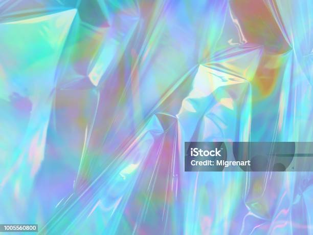 Holographic Iridescent Surface Of Wrinkled Foil Stock Photo - Download Image Now - Iridescent, Textured, Holographic