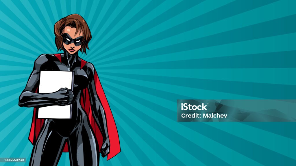 Superheroine Holding Book Ray Light Illustration of powerful superheroine holding book, magazine or comics. You can use the copy space on the cover as you wish. Superhero stock vector