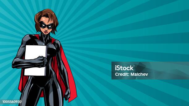Superheroine Holding Book Ray Light Stock Illustration - Download Image Now - Superhero, Book, Holding