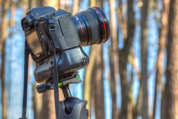Gomel, Belarus - March 29, 2016: A digital camera Canon  EOS 6D with a wide-angle lens Canon EF 17-40mm f/4L USM fixed on a tripod