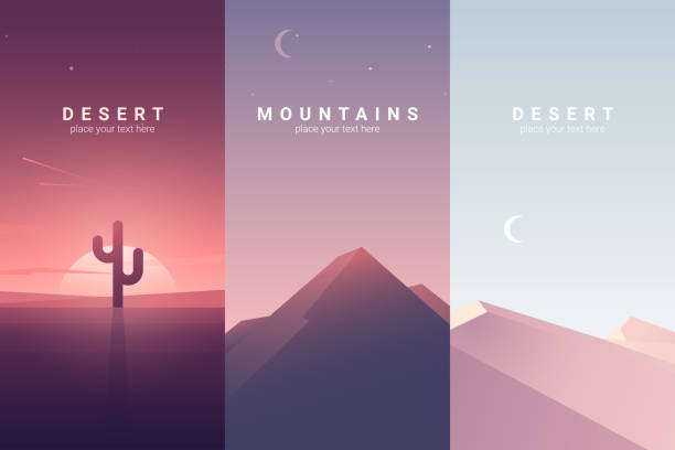 Desert and mountain landscape. Background illustration Vector banners set with desert and mountain landscape. Background illustration sunset illustrations stock illustrations