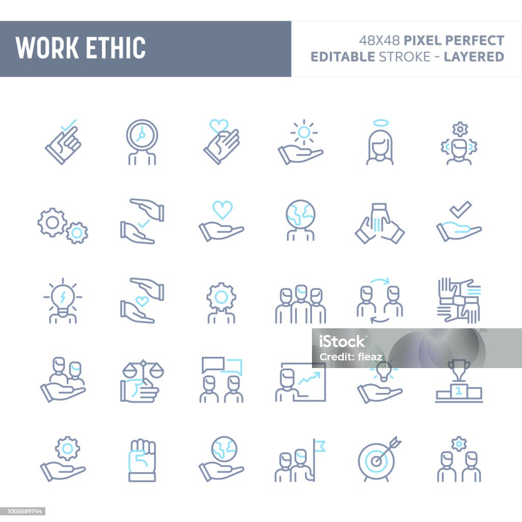 Work Ethic Minimal Vector Icon Set (EPS 10) Teamwork, morality, proficiency, optimism and empathy  - simple outline icon set. Editable strokes and Layered (each icon is on its own layer with proper name) to enhance your design workflow. Icon Symbol stock vector