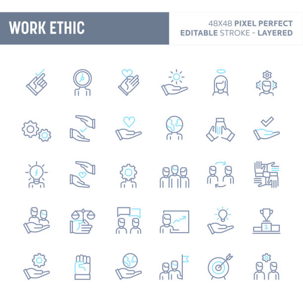 Work Ethic Minimal Vector Icon Set (EPS 10) Teamwork, morality, proficiency, optimism and empathy  - simple outline icon set. Editable strokes and Layered (each icon is on its own layer with proper name) to enhance your design workflow. humility stock illustrations