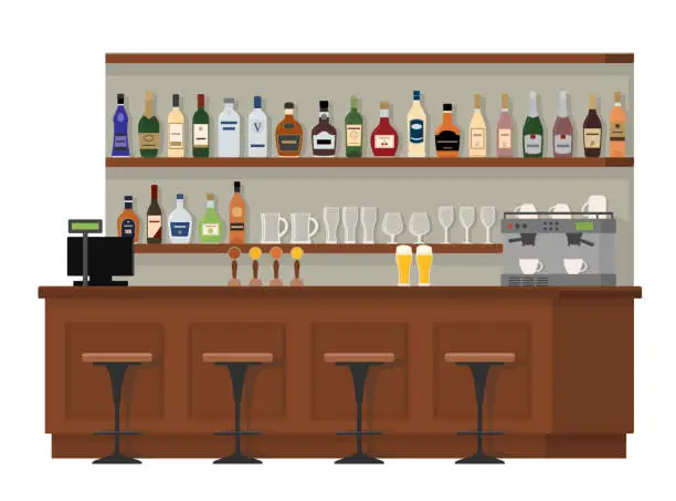 Vector illustration of Empty wooden bar counter. Shelves with alcohol bottles.