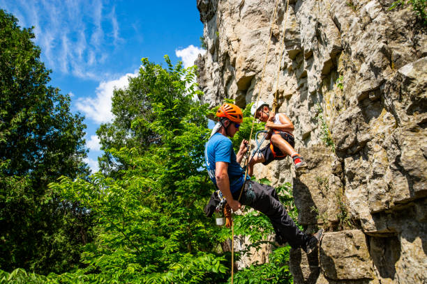 istock A rock climbing instructor assists a child on a rock face 1005596138