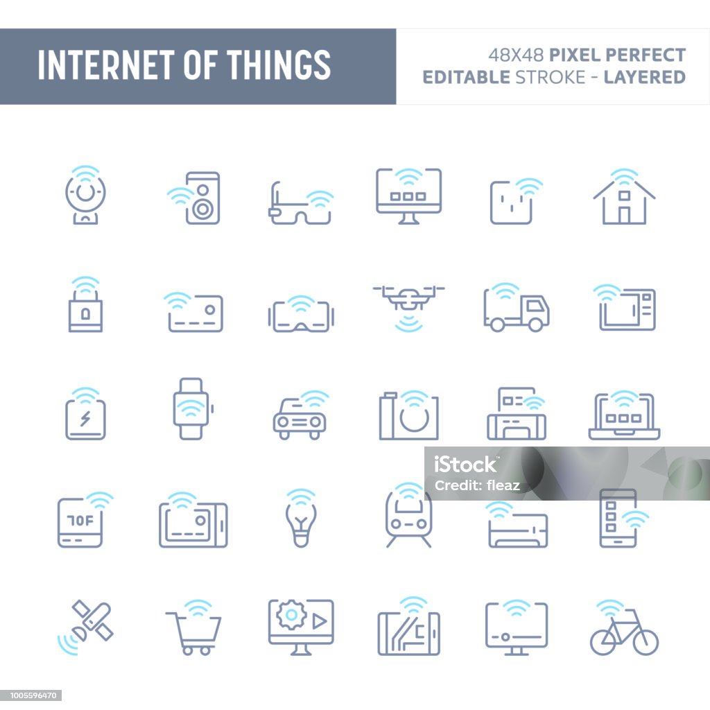 Internet of Things Minimal Vector Icon Set (EPS 10) Internet of things (IoT)  - simple outline icon set. Editable strokes and Layered (each icon is on its own layer with proper name) to enhance your design workflow. Icon Symbol stock vector