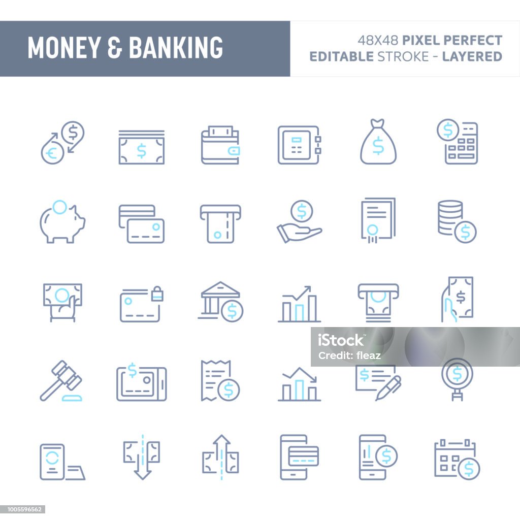 Money & Banking Minimal Vector Icon Set (EPS 10) Financial, money and banking  - simple outline icon set. Editable strokes and Layered (each icon is on its own layer with proper name) to enhance your design workflow. Icon Symbol stock vector