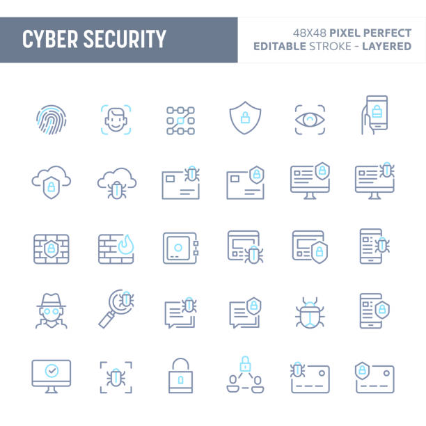 zestaw ikon wektorowych cyber & digital security minimal (eps 10) - computer hacker identity security stealing stock illustrations