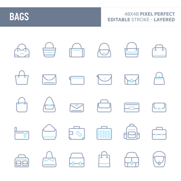 Bag Minimal Vector Icon Set (EPS 10) Fashion bag, Office Bag and Traveller bag - simple outline icon set. Editable strokes and Layered (each icon is on its own layer with proper name) to enhance your design workflow. satchel bag stock illustrations