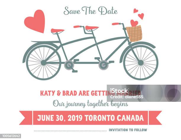 Retro Tandem Bicycle Save The Date Wedding Announcement Stock Illustration - Download Image Now